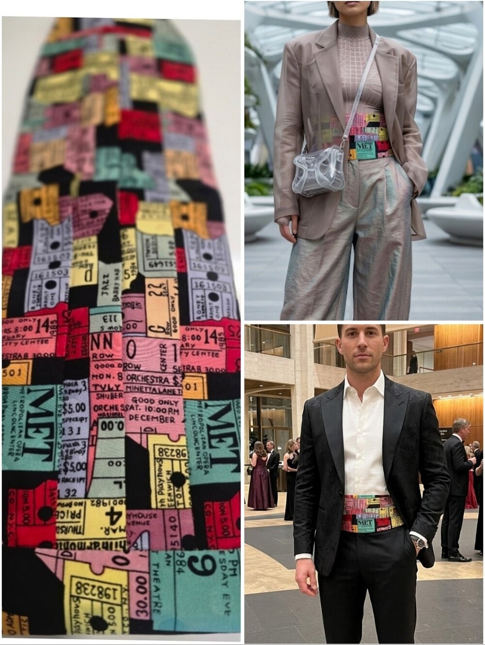 VTG Terry Rosen × Nicole Miller 90s NYC Ticket Stub Silk Cummerbund Tuxedo Belt